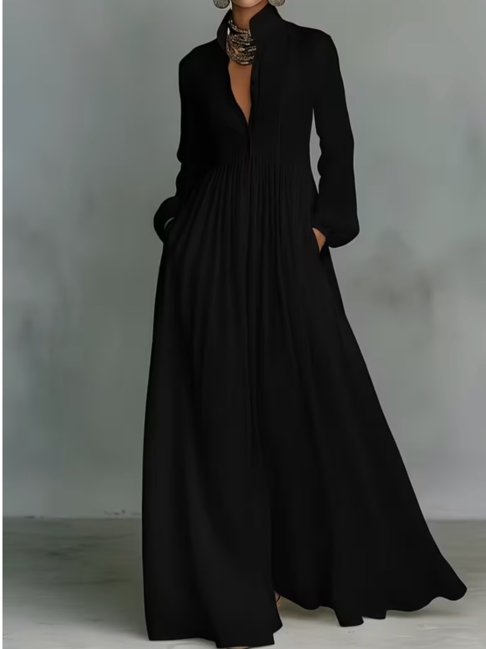 Black French Style Pleated Maxi Dress – Elegant Button Down Long Sleeve Dress L